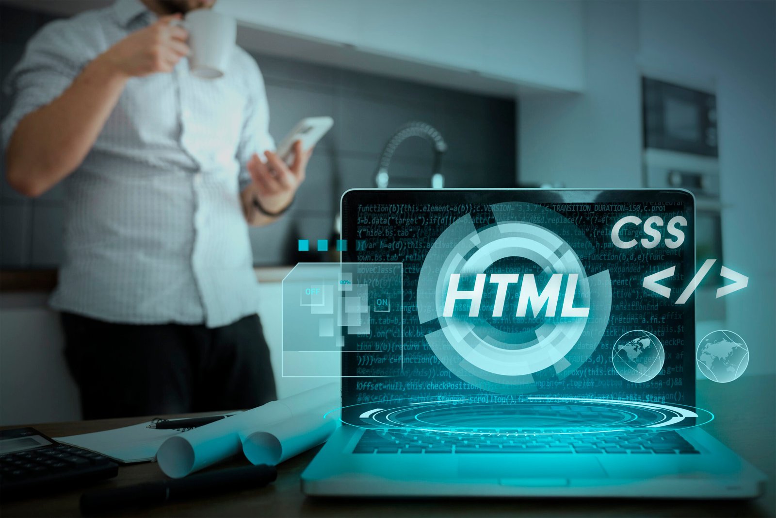 Laptop displaying HTML and CSS code with developer in background – Dilasha Tech India